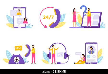 Assistente online. Servizio di supporto tecnico virtuale, assistenza personale e set di illustrazioni vettore comunicazione operatore hotline Illustrazione Vettoriale