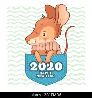 Ratto tascabile. Felice anno nuovo 2020, cute cartone animato ratto e tasche mouse vettore illustrazione Illustrazione Vettoriale