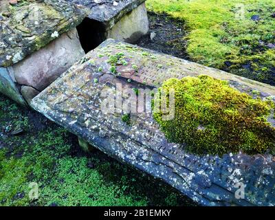 Vecchia tomba di pietra coperta di lichen e muschio nel terreno di sepoltura storico di Howff a Dundee Scotland Foto Stock