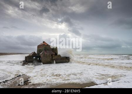 Fort d'Ambleteuse durante la tempesta Ciara, febbraio 2020, Hauts de France, Francia