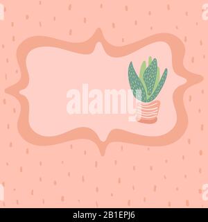 Illustrazione modello di un aloe in un vaso, cornice per il testo con sfondo punteggiato. Illustrazione dello stock di bolle vocali. Kawaii delicate sfumature di pesca Illustrazione Vettoriale
