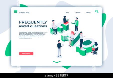 Domande frequenti. Porre domande, chiedere informazioni e FAQ sulla landing page immagine isometrica vettoriale Illustrazione Vettoriale