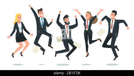 Il team di business che salta. Gli impiegati saltano, i colleghi corporativi felici hanno saltato insieme e l'illustrazione del cartone animato del vettore di divertimento del lavoro di squadra Illustrazione Vettoriale