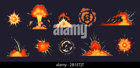 Esplosione dei cartoni animati. Esplosione bomba, esplosione atomica effetto e esplosione comica fumo nuvole vettore illustrazione set Illustrazione Vettoriale