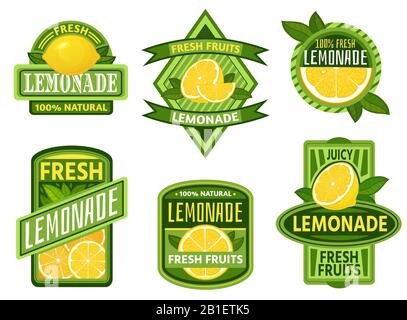 Badge con limonata. Emblema di limonetto, frutta fresca Limoni succo d'arancia limonate d'annata emblemi vettore set Illustrazione Vettoriale