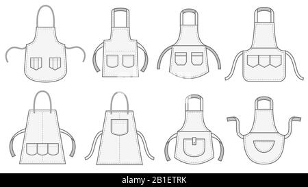 Grembiuli da cucina. Grembiule con tasca per la cucitura, uniforme da cucina bianca e set di illustrazioni vettoriali per la pulizia Illustrazione Vettoriale