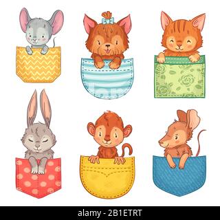 Cartoni animati Pocket animali. Cane carino, gatto divertente e coniglietto. Scimmia, topo e animale di ratto in tasche vettore illustrazione set Illustrazione Vettoriale