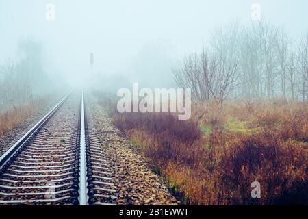 Prospettiva della pista ferroviaria scomparendo in nebbia al mattino nebbia Foto Stock