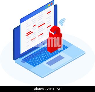 Concetto di attacco informatico. Calcolatore isometrico con serratura rossa rotta. Tecnologie moderne di digital online hacking. Attacco dati hacker. Illustrazione del vettore Illustrazione Vettoriale