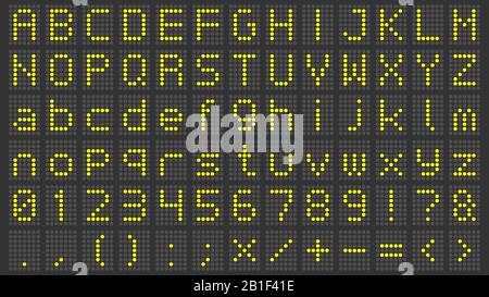 Carattere del display a LED. Tabellone digitale alfabeto, numeri di segni elettronici e schermo elettrico per l'aeroporto lettere vettore set Illustrazione Vettoriale