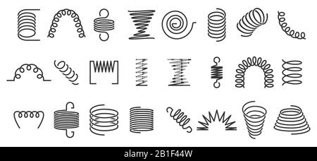 Molla a spirale. Bobine flessibili, molle a filo e spirali in metallo, set di icone vettoriali per silhouette Illustrazione Vettoriale