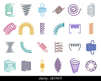 Spirali della bobina a colori. Bobine metalliche, molle a filo flessibili e set di icone vettoriali a molla a spirale Illustrazione Vettoriale