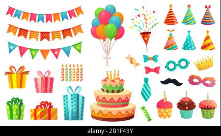 Decorazioni di festa di compleanno del cartone animato. Regali regali, dolci e torta di celebrazione. Set di illustrazioni vettoriali per palloncini colorati Illustrazione Vettoriale