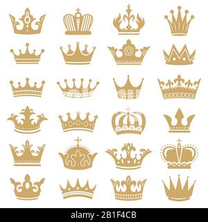 Silhouette a corona dorata. Corone reali, incoronazione re e lusso regina tiara silhouette icone vettore set Illustrazione Vettoriale
