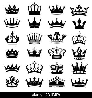 Royal Crown silhouette. Corona del re, corona maestosa e set vettori di silhouette di lusso tiara Illustrazione Vettoriale