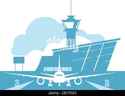 Costruzione di terminal aeroportuali e atterraggio di aerei sulla pista di atterraggio, decollo di aeroplano Illustrazione Vettoriale