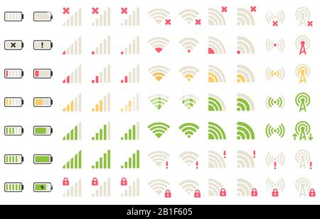 Icone di livello mobile. Icona del segnale di rete, della connessione wifi e dei livelli della batteria. Gadget batterie, segnali telefonici pittogramma vettore set Illustrazione Vettoriale