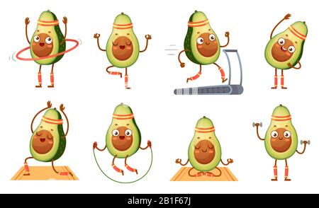 Cartoon avocado personaggio fitness. Avocado divertente in pose yoga, cardio palestra e vegetariano sport cibo mascotte vettore illustrazione set Illustrazione Vettoriale