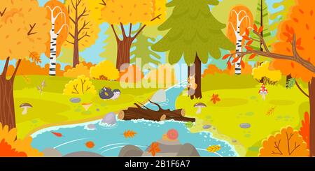 Autunno foresta. Paesaggio naturale autunnale, foreste gialle e boschi cadere foglie cartone animato vettore illustrazione Illustrazione Vettoriale