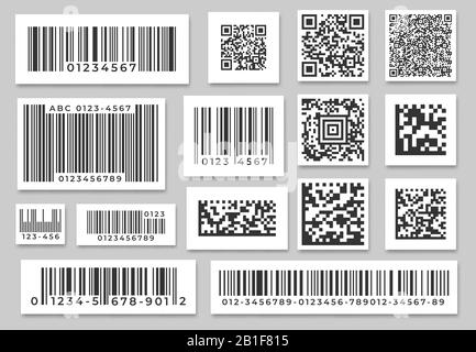Etichette con codice a barre. Etichette adesive con strisce di codice, etichette digitali e etichette adesive con barre dei prezzi al dettaglio. Set di vettori per codici a barre industriali Illustrazione Vettoriale