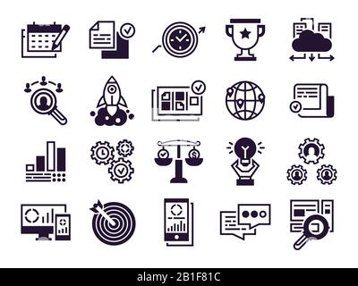 Icone aziendali. Gruppo aziendale, collaborazione globale e gestione degli uffici simboli di silhouette vettoriale Illustrazione Vettoriale