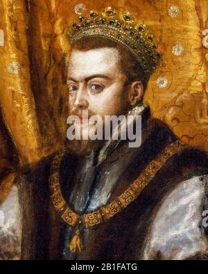 Re Filippo II di Spagna (1527-1598), ritratto dipinto dettaglio di Tiziano, Tiziano Vecellio, 1545-1556 Foto Stock