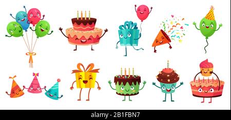 Set di festeggiamenti per il compleanno dei cartoni animati. Palloncini da festa con volti divertenti, torta di compleanno felice e regali mascotte vettore illustrazione set Illustrazione Vettoriale