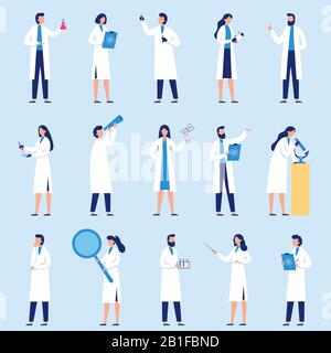 Scienziati persone. Science Lab worker, ricercatori chimici e scienziato professore carattere piatto vettore set Illustrazione Vettoriale