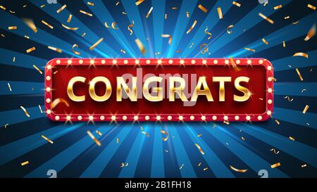 Banner congratulazioni. Congratulazioni per il vincitore, confetti d'oro e congratulazioni d'oro segno in frame vector illustrazione Illustrazione Vettoriale