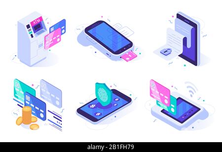 Pagamenti online isometrici. Conti elettronici fattura, finanza sicurezza di pagamento e vettore di acquisto digitale illustrazione set Illustrazione Vettoriale