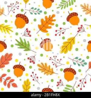 Senza cuciture foglie autunno modello. Colori della stagione autunnale, foglie gialle cadute e illustrazioni vettoriali delle acornie autunnali Illustrazione Vettoriale