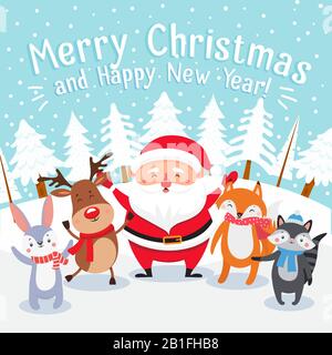 Buon biglietto d'auguri per il cartone animato di Natale. Gli animali domestici felici di Natale, i regali presenti di Santa e la festa di inverno presenta l'illustrazione del vettore Illustrazione Vettoriale