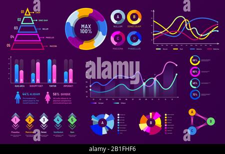 Grafico infografico. Grafici a diagramma, grafici di analisi dei dati e grafici di percentuale delle statistiche insieme di illustrazioni vettoriali Illustrazione Vettoriale