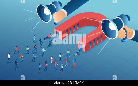 Concetto di attrazione per il pubblico di destinazione. Vettore di affari aziendali che divide uomini e donne in gruppi separati Illustrazione Vettoriale