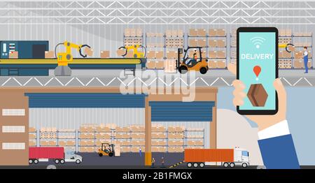 Vettore di un magazzino e dock di caricamento automatizzato gestiti tramite app su uno smartphone Illustrazione Vettoriale