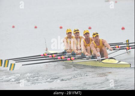 Shunyi, CINA. Heat of the Men's Quads, AUS M4X, si allontana dall'inizio, al 2008 Olympic Regatta, Shunyi Rowing Course. Domenica 10.08.2008 [Credito Obbligatorio: Peter Spurrier, Intersport Images] Foto Stock