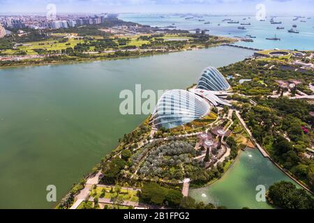 Vista alta dei Giardini sulla Baia, che mostrano il Supertree Grove e i conservatori raffreddati, Singapore, Asia Foto Stock