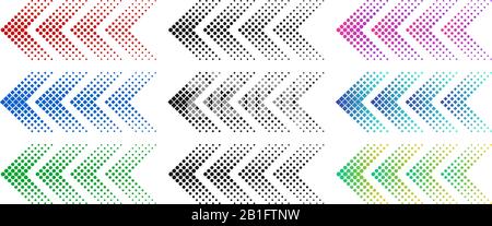 Frecce mezzitoni. Freccia del Web a colori con punti. Colorato punteggiato in avanti e scaricare simboli isolato vettore set Illustrazione Vettoriale
