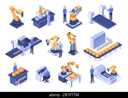 Robot industriali isometrici. Macchine per linee di assemblaggio, bracci robotici con ingegneri e tecnologie di produzione Set vettoriale 3d Illustrazione Vettoriale