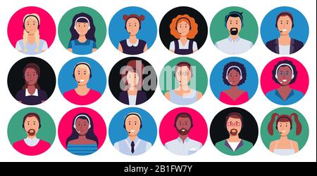 Operatore del call center. Ritratto dell'operatore di assistenza clienti, contatto hotline avatar rotondo e set vettore persona di supporto Illustrazione Vettoriale