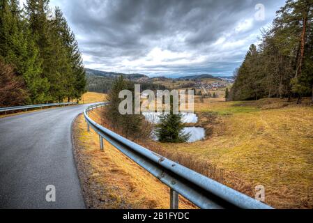 Una piccola strada bavarese nella foresta Foto Stock