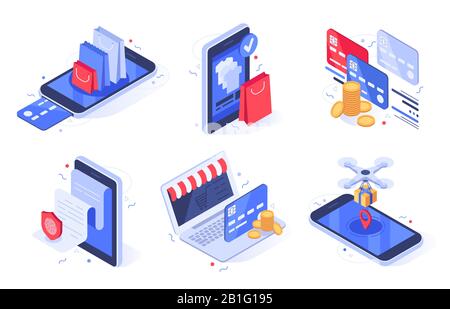 Shopping online isometrico. Internet Store business, commercio digitale e carte bancarie vettore di pagamento illustrazione Illustrazione Vettoriale