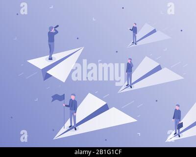 Proprio modo di affari. Uomo d'affari su aeroplano di carta si distingue dalla folla, individualità ed illustrazione isometrica unica del vettore Illustrazione Vettoriale