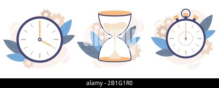 Orologio, clessidra e cronometro. Orologio analogico, timer per conto alla rovescia e set di illustrazioni vettoriali per la gestione del tempo Illustrazione Vettoriale
