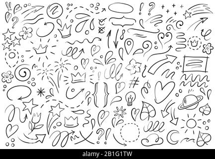 Forme decorative disegnate a mano. Contorno corona, puntatore a barboncino e cornice cardiaca. Set di illustrazioni vettoriali Doodles Lines Elements Illustrazione Vettoriale