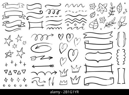 Doodles decorativi vintage. Nastro disegnato a mano, frecce di contorno e set vettoriale di decorazioni per cartoline da festa Illustrazione Vettoriale
