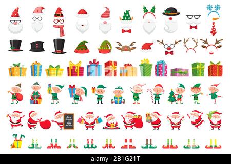 Cartoon Christmas collection. Cappelli di Natale e regali di Capodanno. Babbo Natale e elfi aiutanti personaggi vettore set Illustrazione Vettoriale