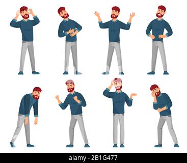Personaggio di cartone animato. Pensare maschio, sorridendo uomini felici e uomo triste in abiti casual vettore illustrazione set Illustrazione Vettoriale
