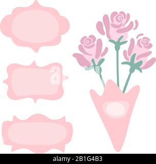 Tre delicate cornici vintage rosa con posto per il testo. Bouquet di tre rose in un involucro verde. Cornice per il messaggio di saluto. Illustrazioni di scorta di bolle di voce Illustrazione Vettoriale