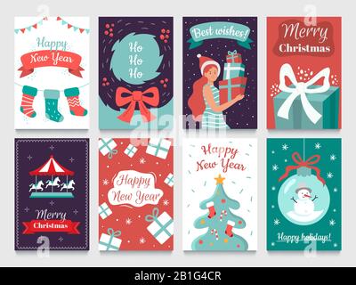 Cartolina di Natale. Garlands su albero di Natale, cartoline Felice anno nuovo e pacchetti vettore di carte di vacanze invernali di dicembre Illustrazione Vettoriale